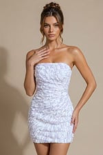 lavender and white sequin strapless mini dress with ruched gathered detailing