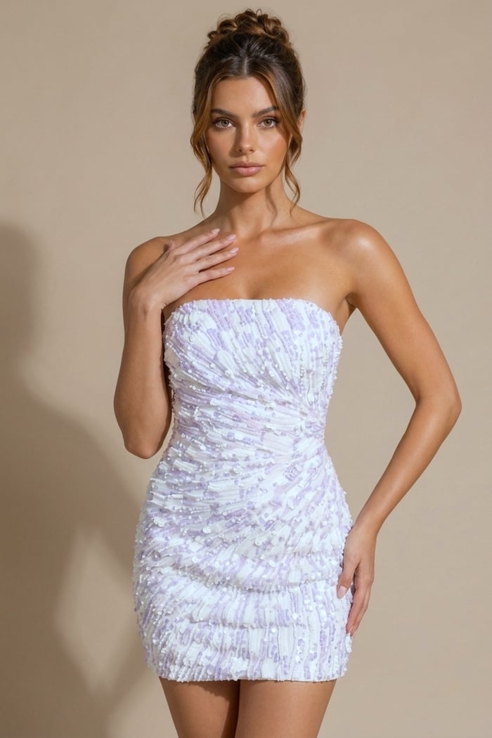 lavender and white sequin strapless mini dress with ruched gathered detailing