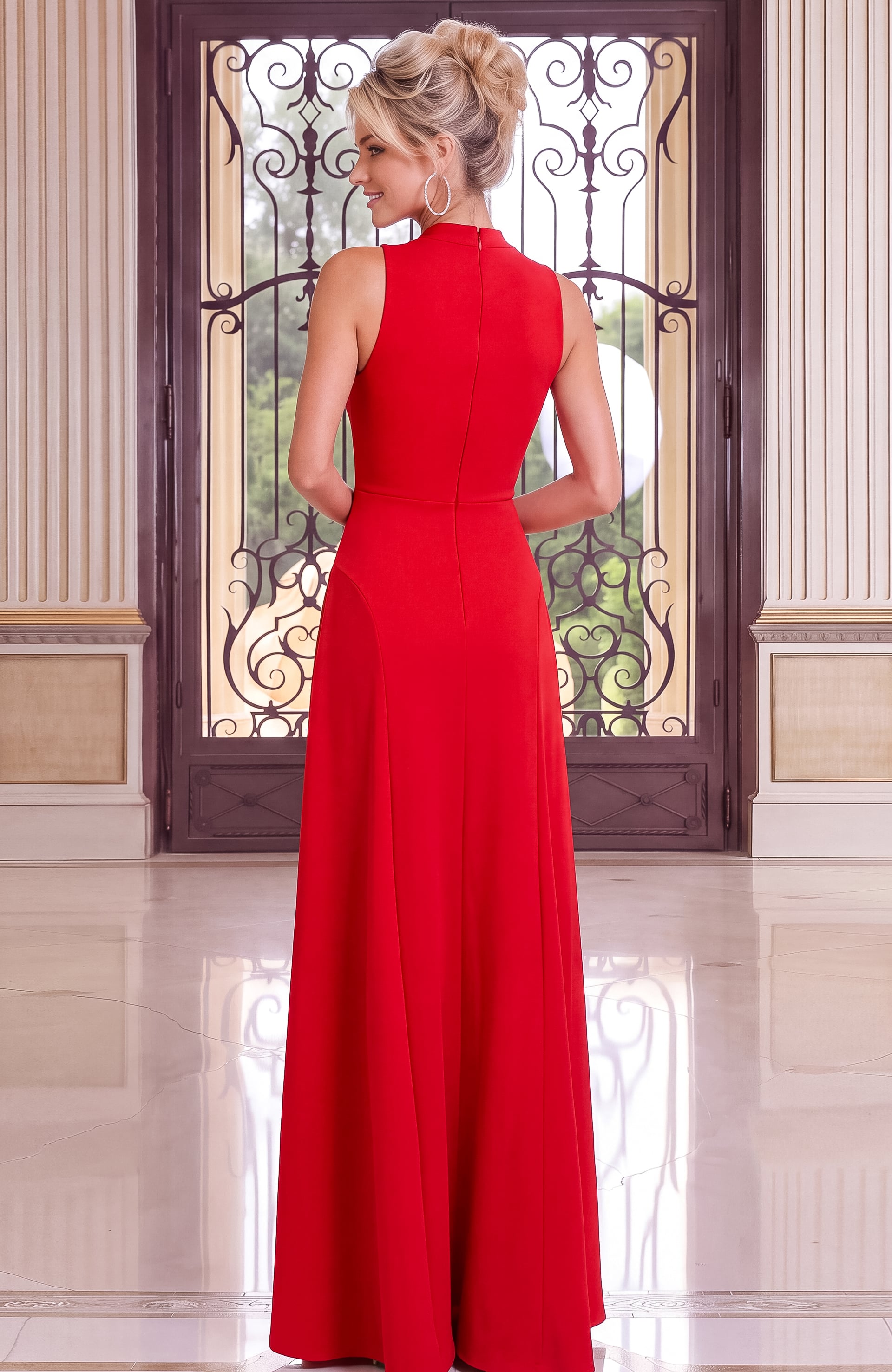 back of red sleeveless dress 52629