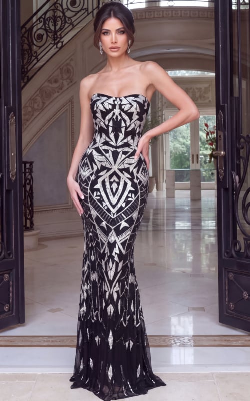 Black and silver geometric sequin strapless mermaid gown, front view
