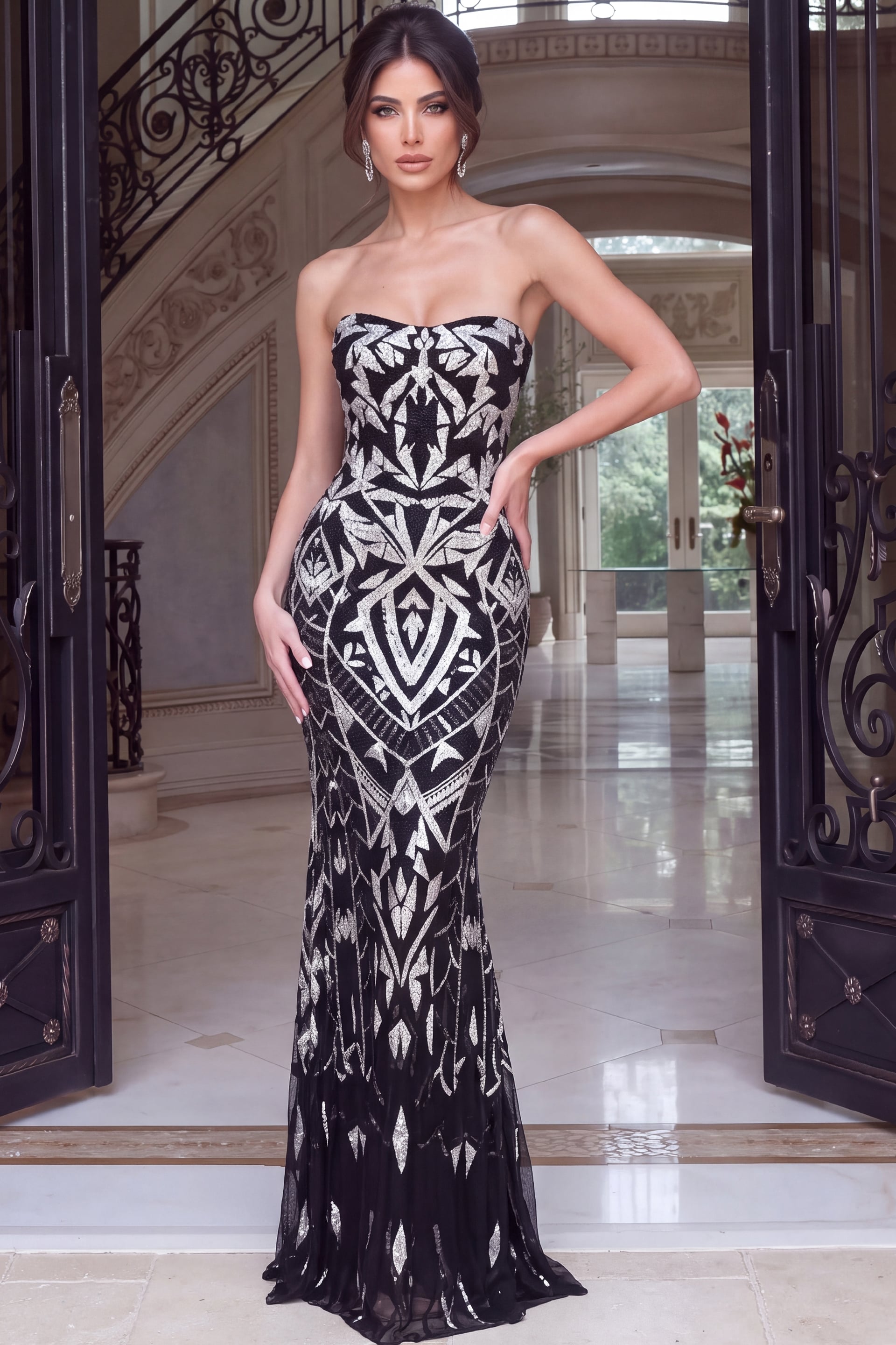 Black and silver geometric sequin strapless mermaid gown, front view