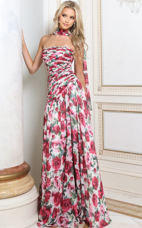 Rose print chiffon strapless gown with ruched bodice and flowing skirt, front view