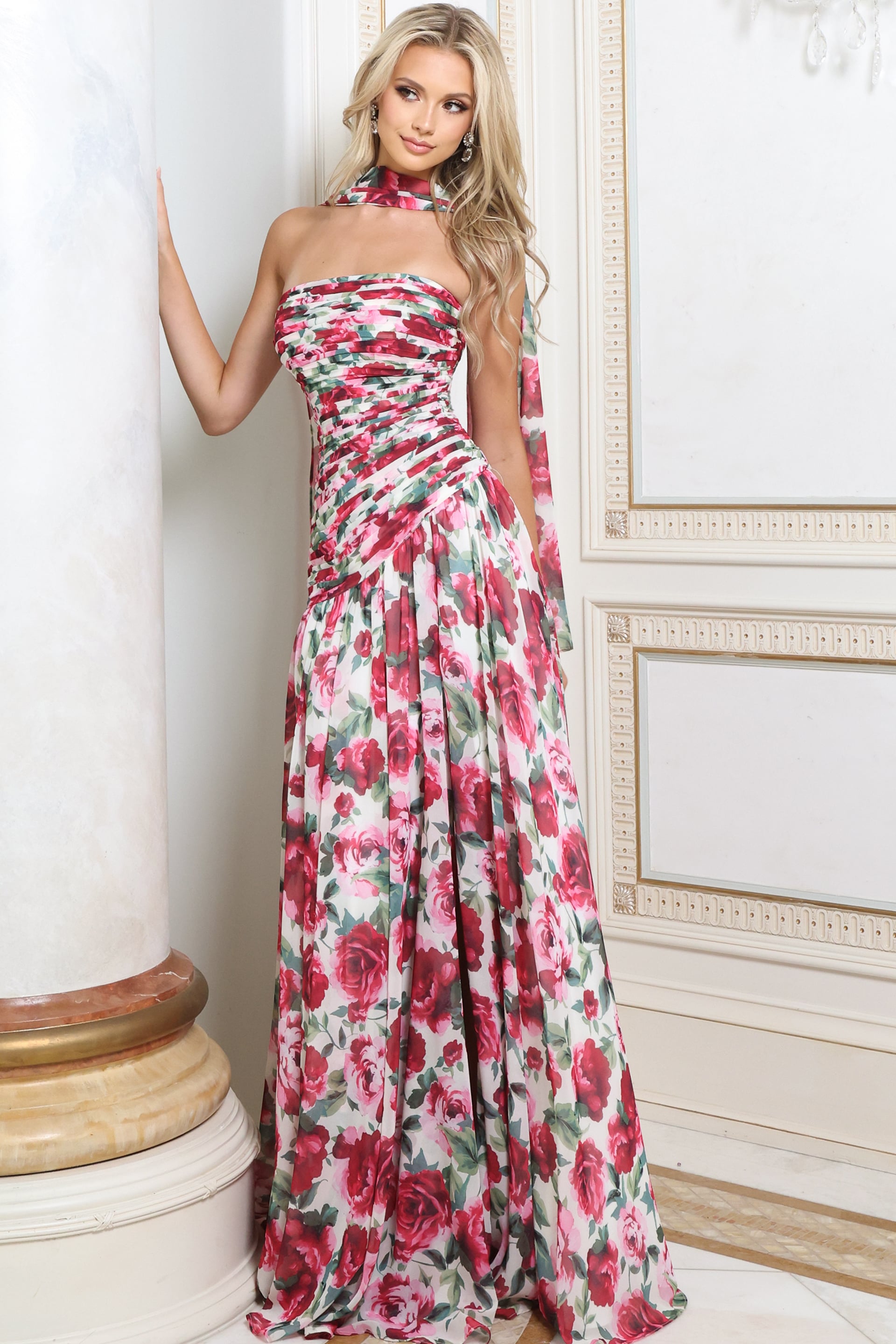 Rose print chiffon strapless gown with ruched bodice and flowing skirt, front view