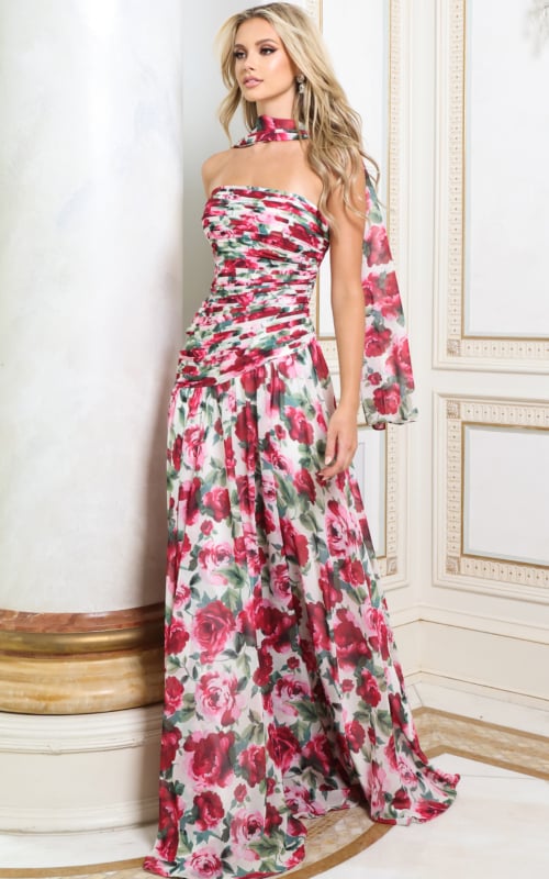 Rose print chiffon gown shown with the matching neck scarf, front view