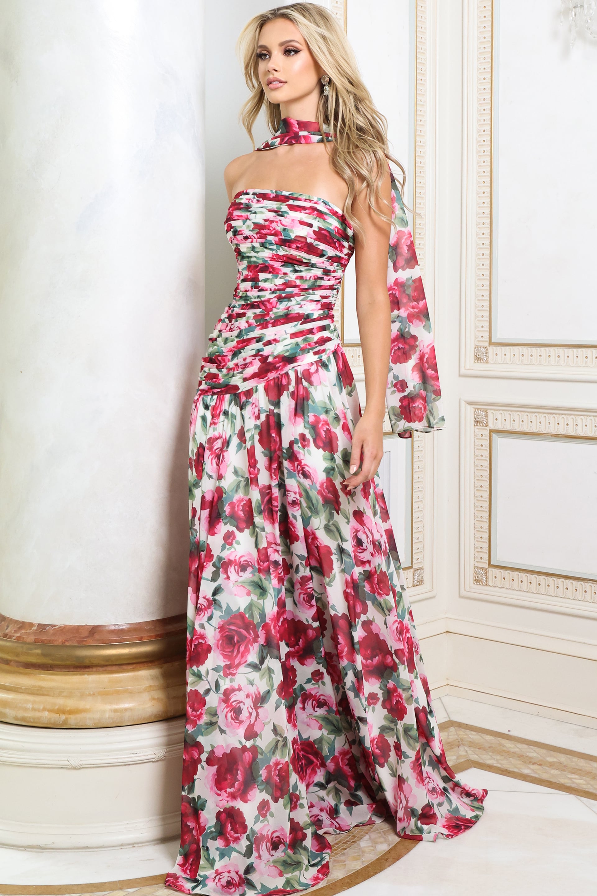 Rose print chiffon gown shown with the matching neck scarf, front view
