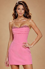 Modern pink cocktail dress designed with a straight-cut back and a sculptural bodice that hits at the mid-thigh.