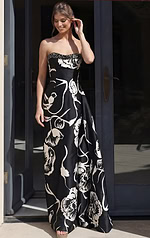 black and white floral print strapless A line ball gown with sweetheart neckline