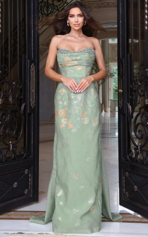 Sage green metallic jacquard strapless gown with beaded neckline trim, front view
