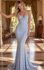 blue fitted spagheti strap beaded dress 52670