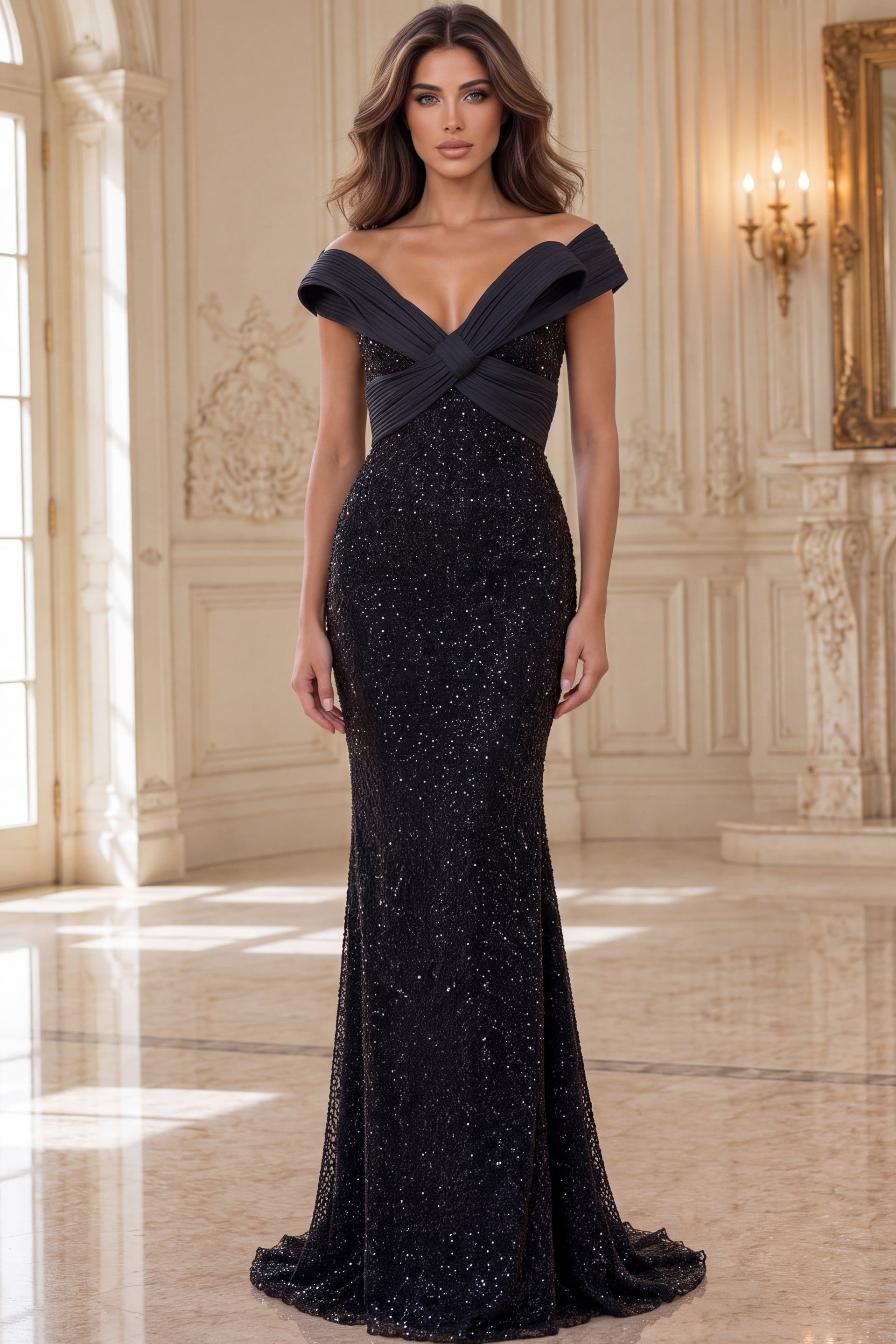 Glittering black gown with pleated off shoulder collar, deep V and long train