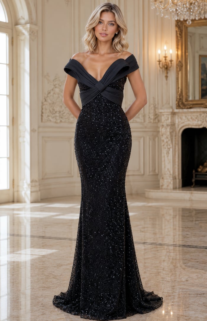 Off shoulder pleated collar frames a deep neckline on a black sequin mermaid gown