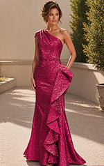 One shoulder ruffle slit gown