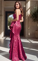 back view of magenta brocade strapless mermaid gown with ruffle