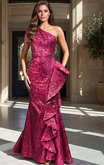 magenta brocade strapless mermaid gown with side ruffle detail