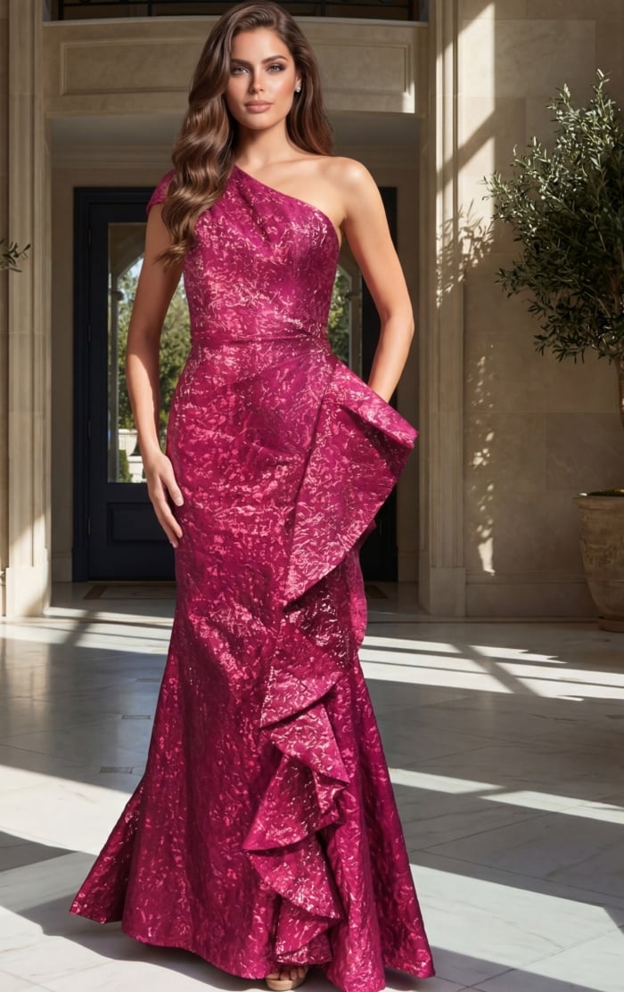 magenta brocade strapless mermaid gown with side ruffle detail