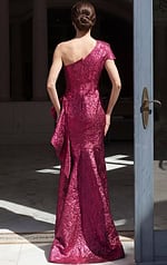 magenta brocade strapless mermaid gown with side ruffle detail