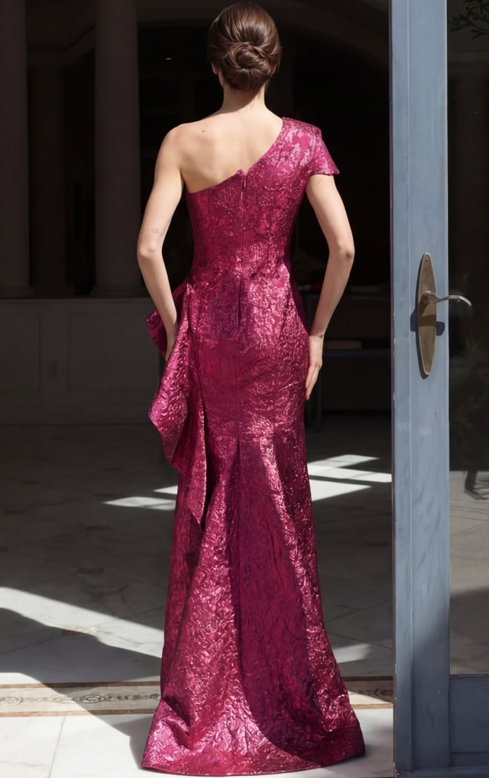 magenta brocade strapless mermaid gown with side ruffle detail