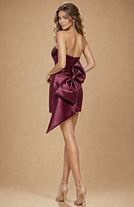 Sophisticated burgundy mini dress featuring a minimalist front and a bold, high-volume oversized bow at the back waist.