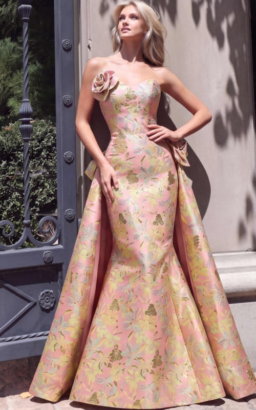 Blush floral jacquard strapless mermaid gown with rose appliques and overskirt, front view