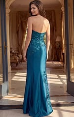 back view of teal floral sequin strapless sheath gown