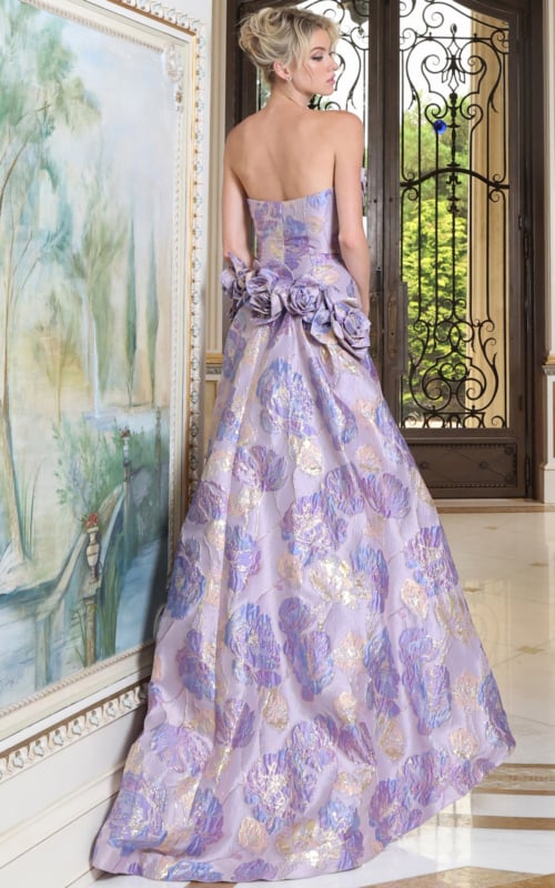 back view of lilac floral brocade gown with covered strapless back, rosette waist and train 52774