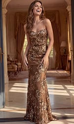 brown multicolor floral sequin strapless mermaid gown with sweetheart neckline