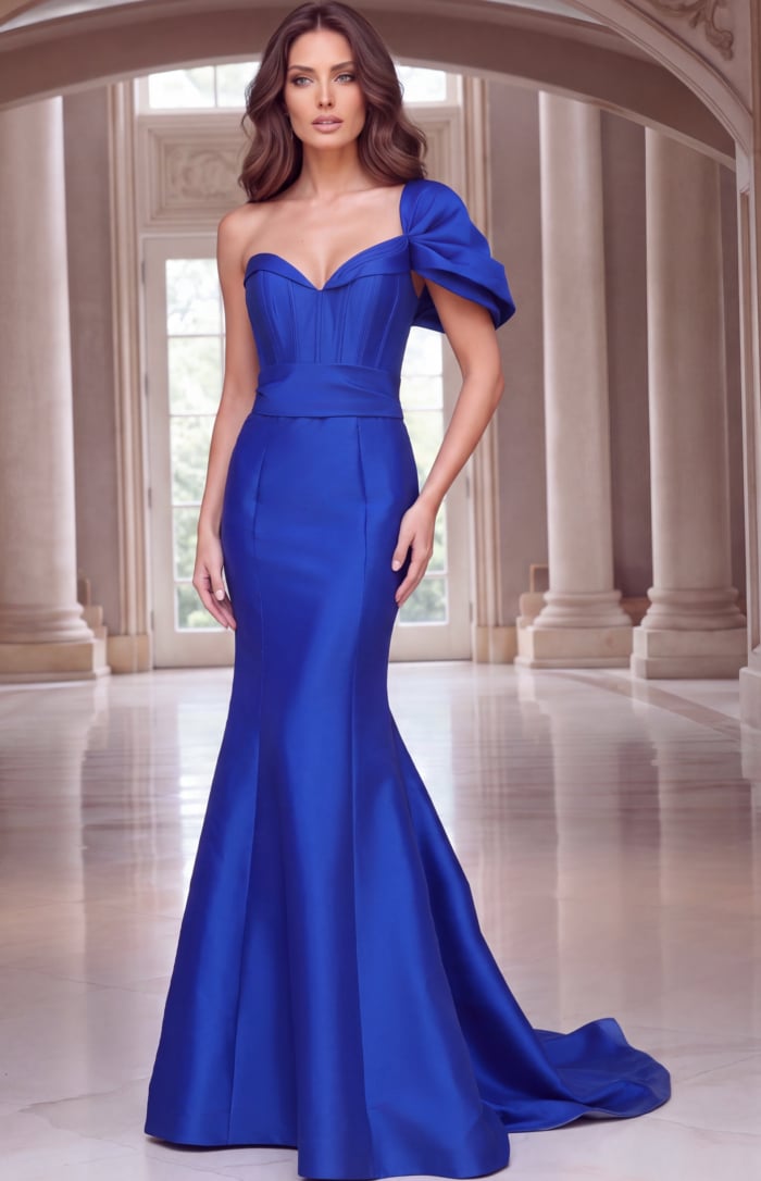 One shoulder royal blue mikado mermaid gown with sweetheart bodice and sweeping train