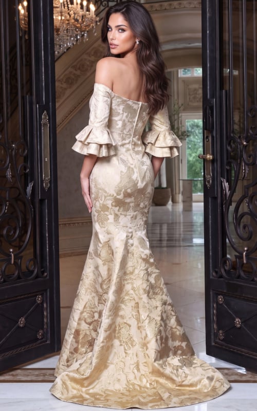 off-the-shoulder formal gown with floral jacquard pattern and sweeping hem