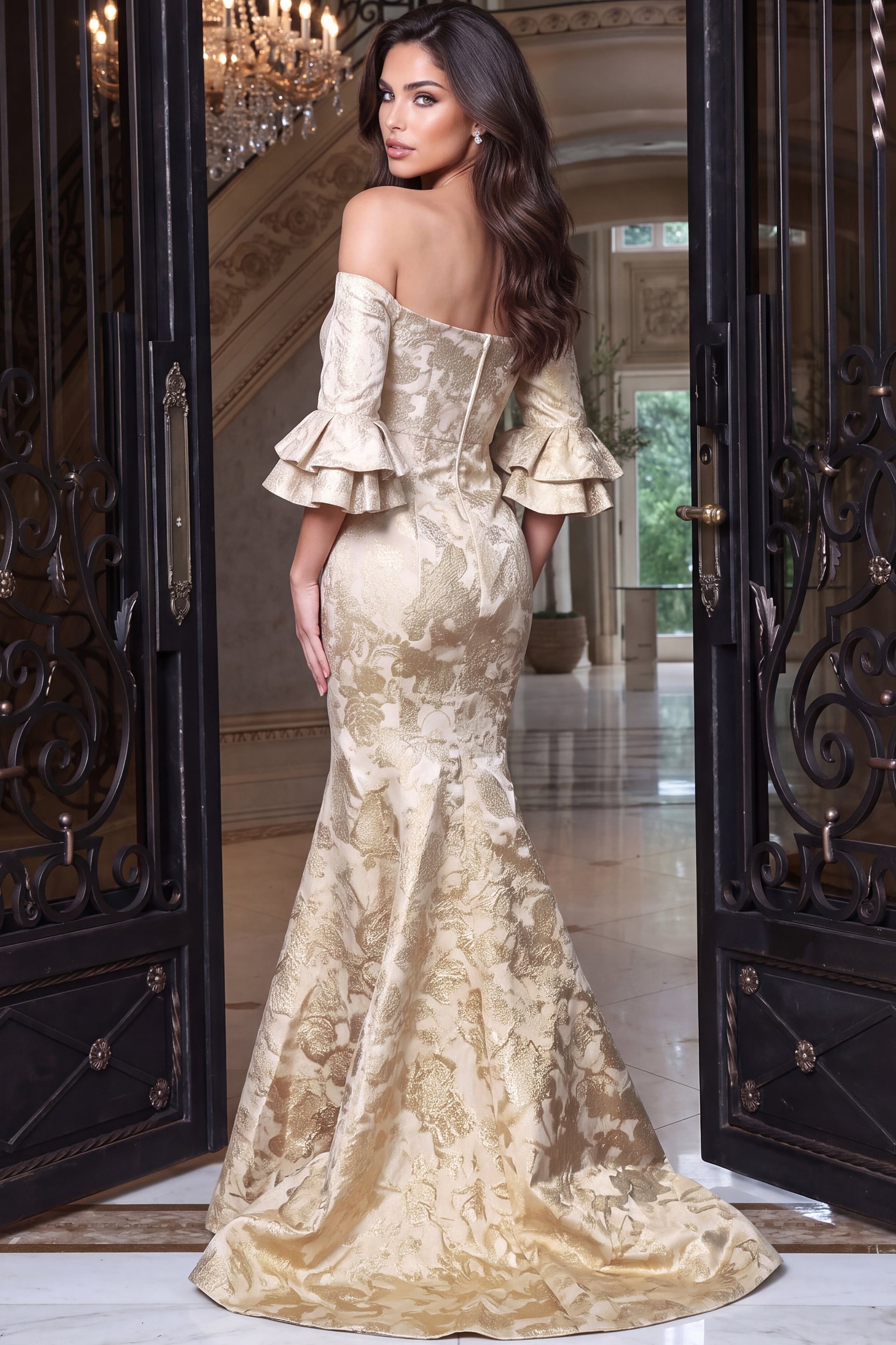 off-the-shoulder formal gown with floral jacquard pattern and sweeping hem