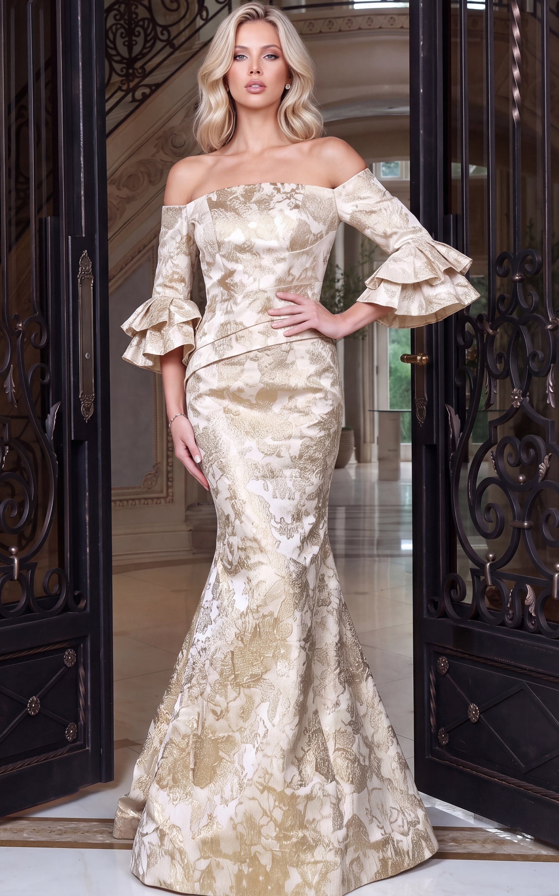 off-shoulder jacquard mermaid gown with tiered ruffle sleeves