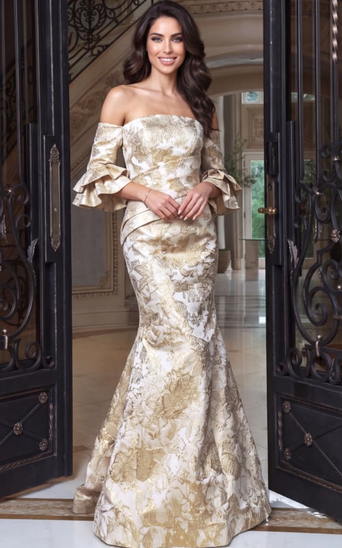 floral jacquard gown with fitted mermaid silhouette and ruffle sleeves