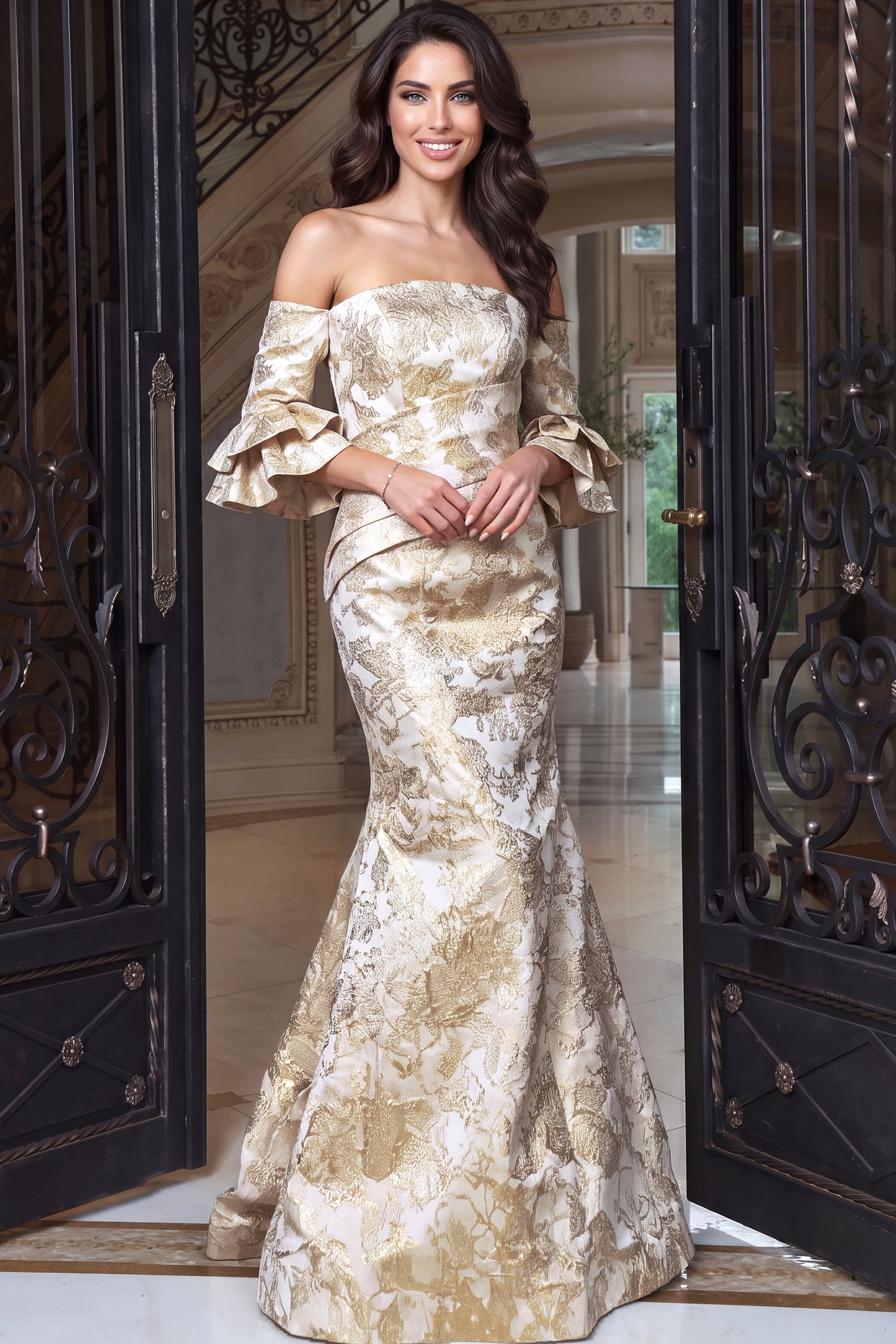 floral jacquard gown with fitted mermaid silhouette and ruffle sleeves
