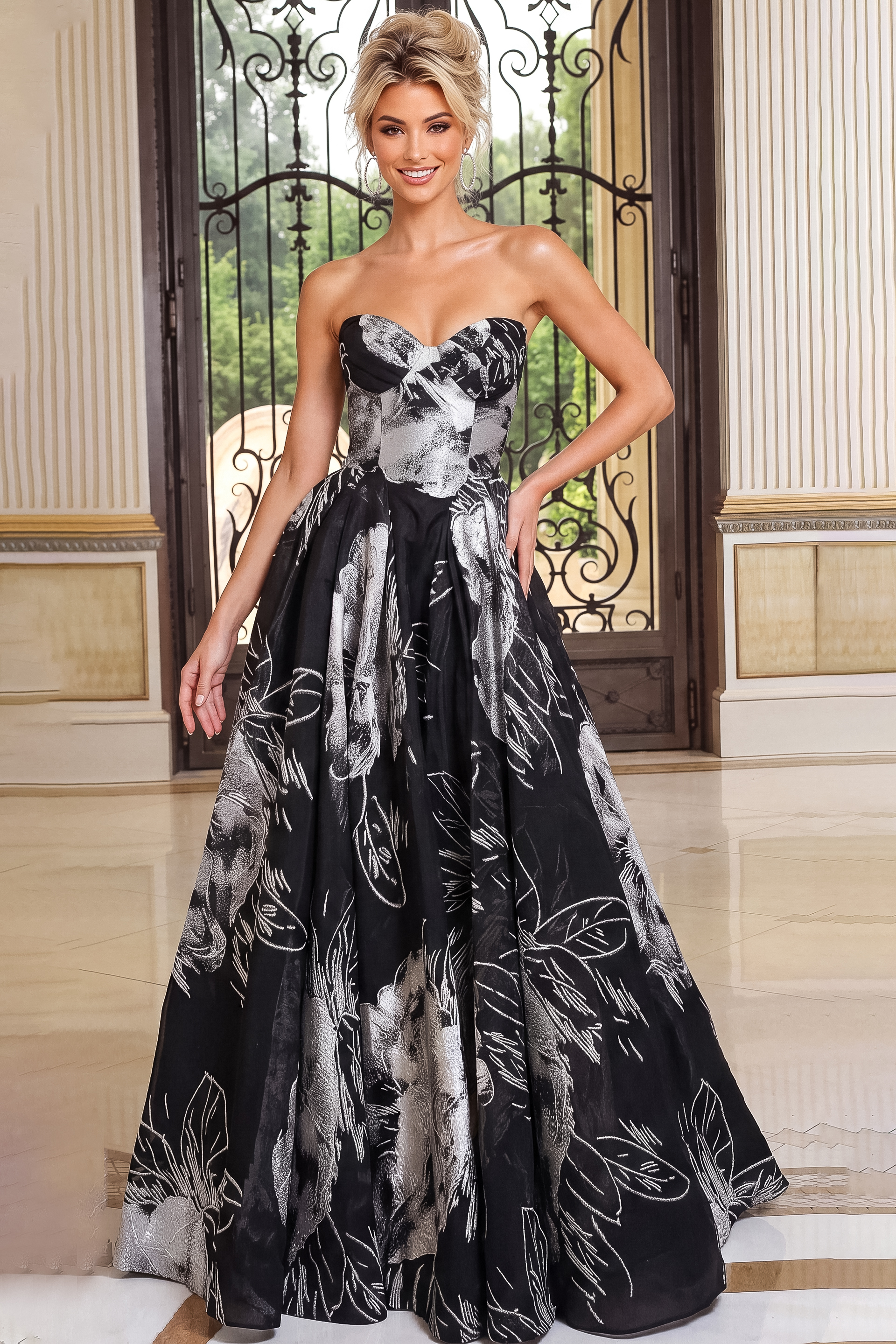 black floral Jovani 53102 front, floral print