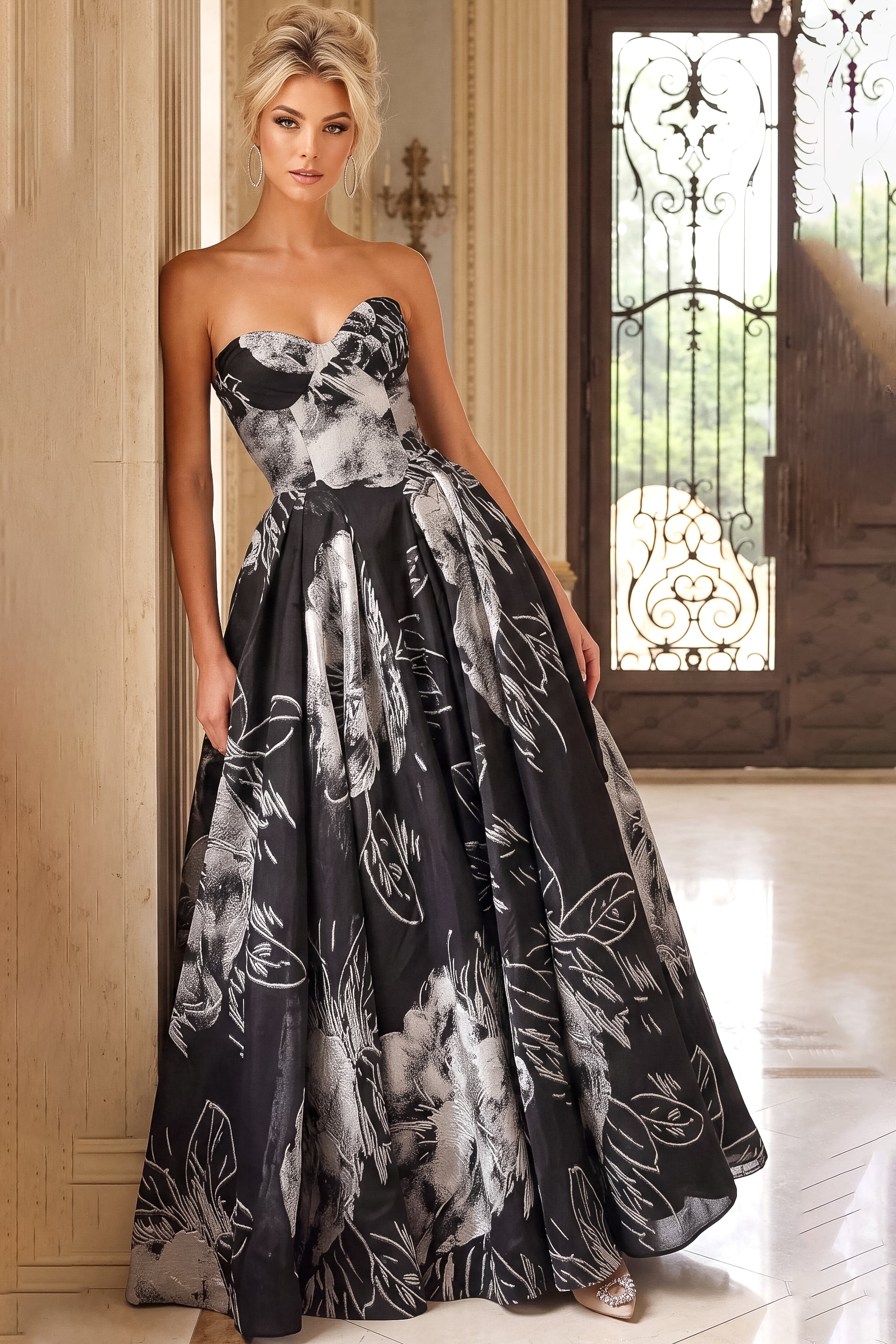 strapless black and white a line dress 53102