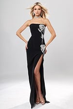 Jovani style 53108 black crepe strapless fitted long gown with rhinestone rose applique and high slit, front view