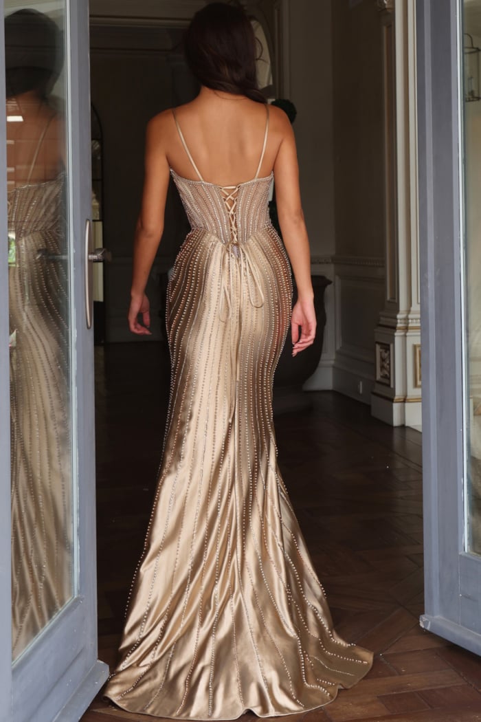gold satin corset dress Beaded Gown with Lace-Up Back 53119 satin corset midi dress