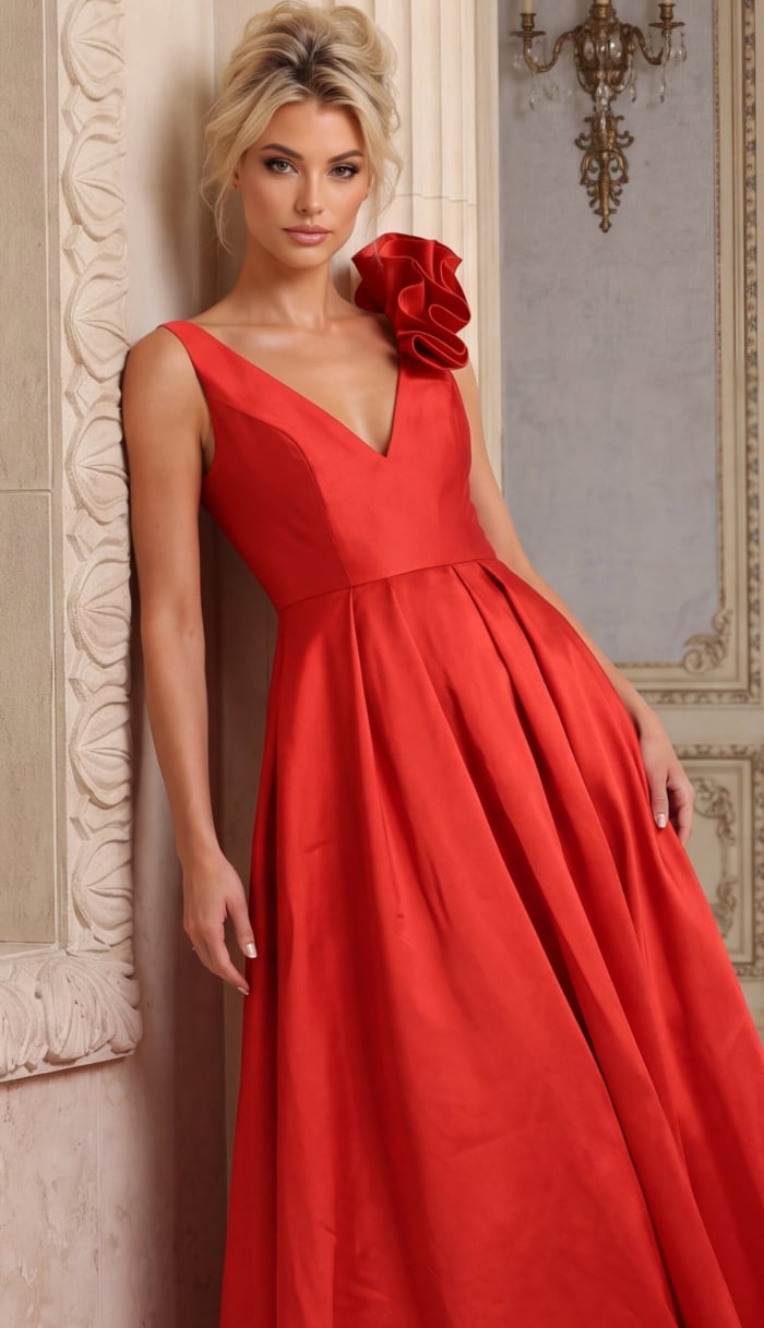 red v-neck one-shoulder ruffle evening gown style 53137 - front full body