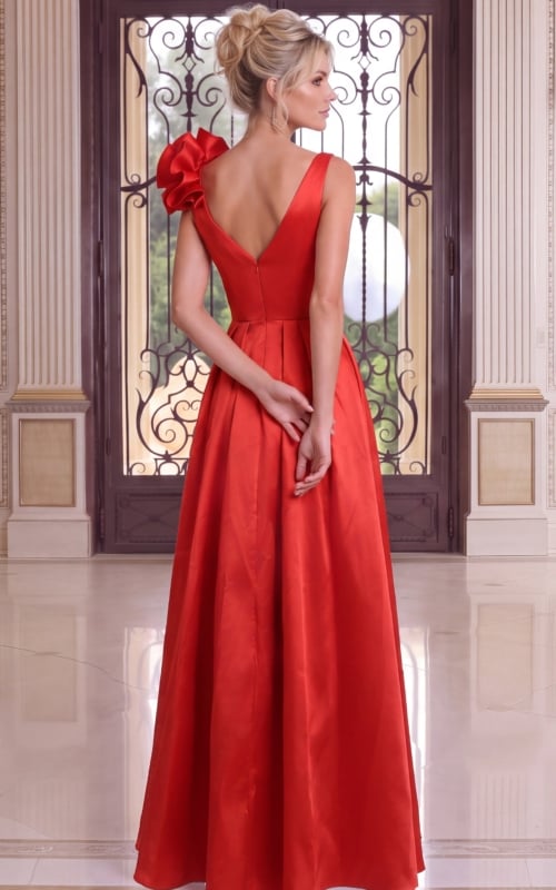 red Jovani 53137 back view, red flower