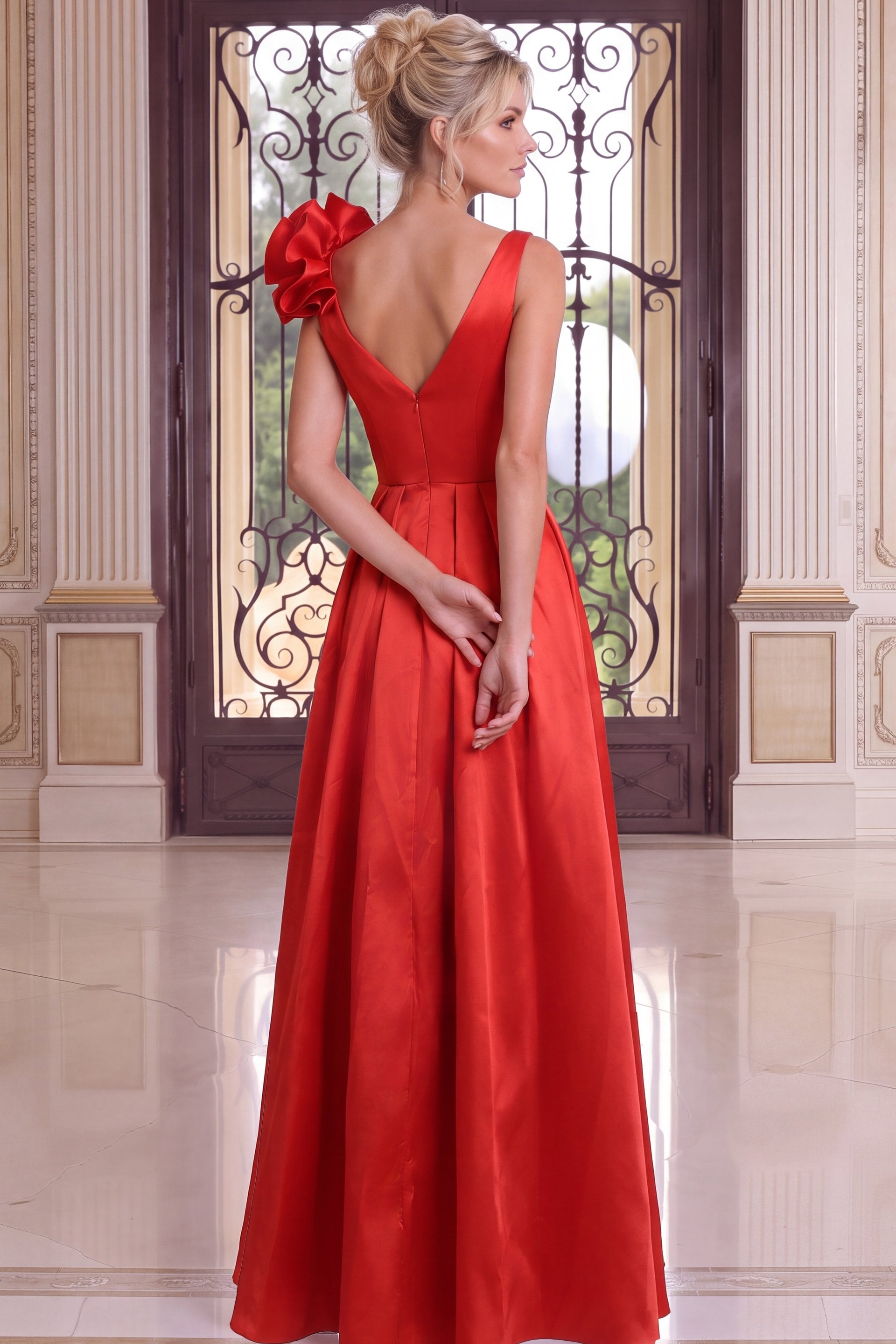 red Jovani 53137 back view, red flower