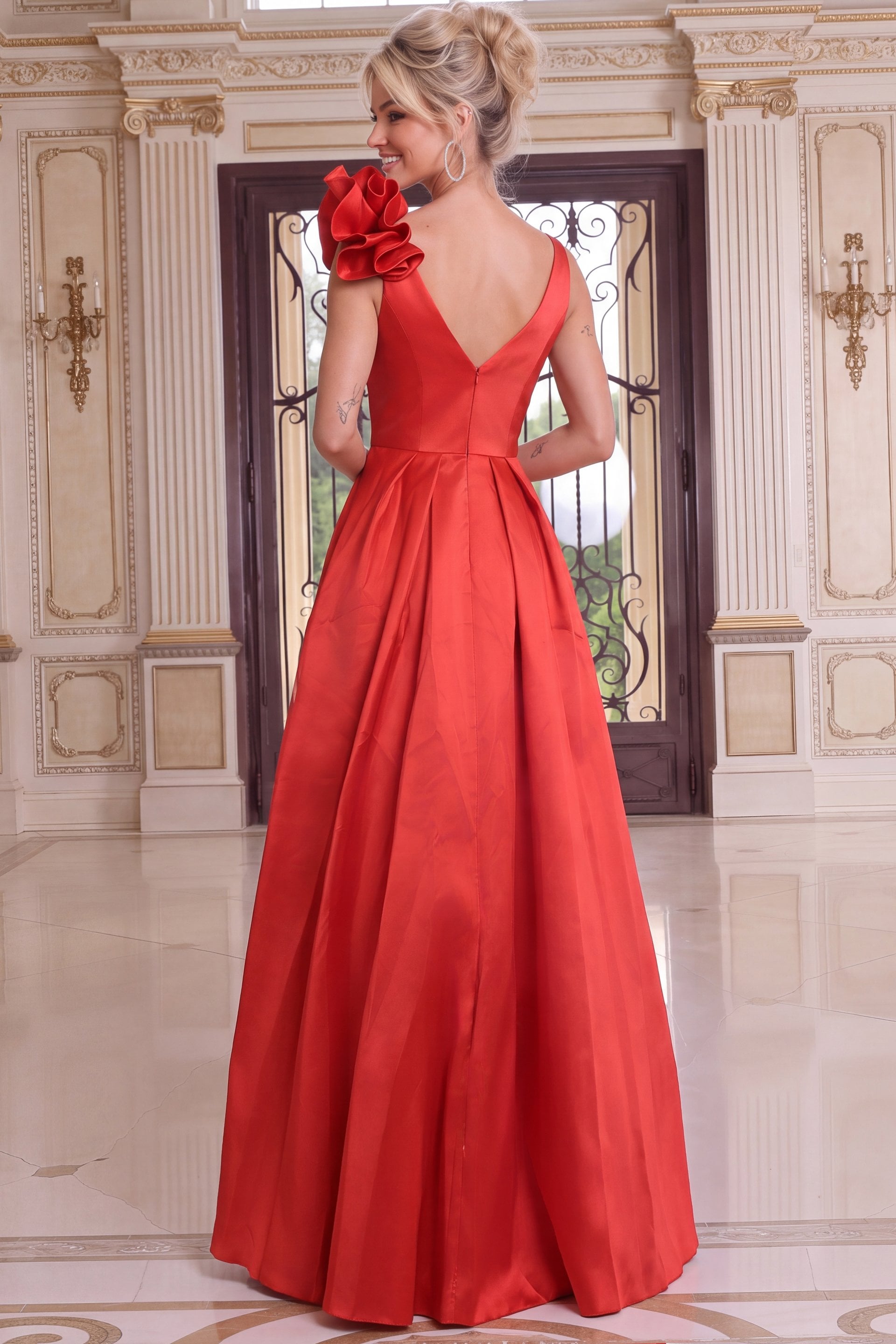 red Jovani 53137 Back view, floral shoulder