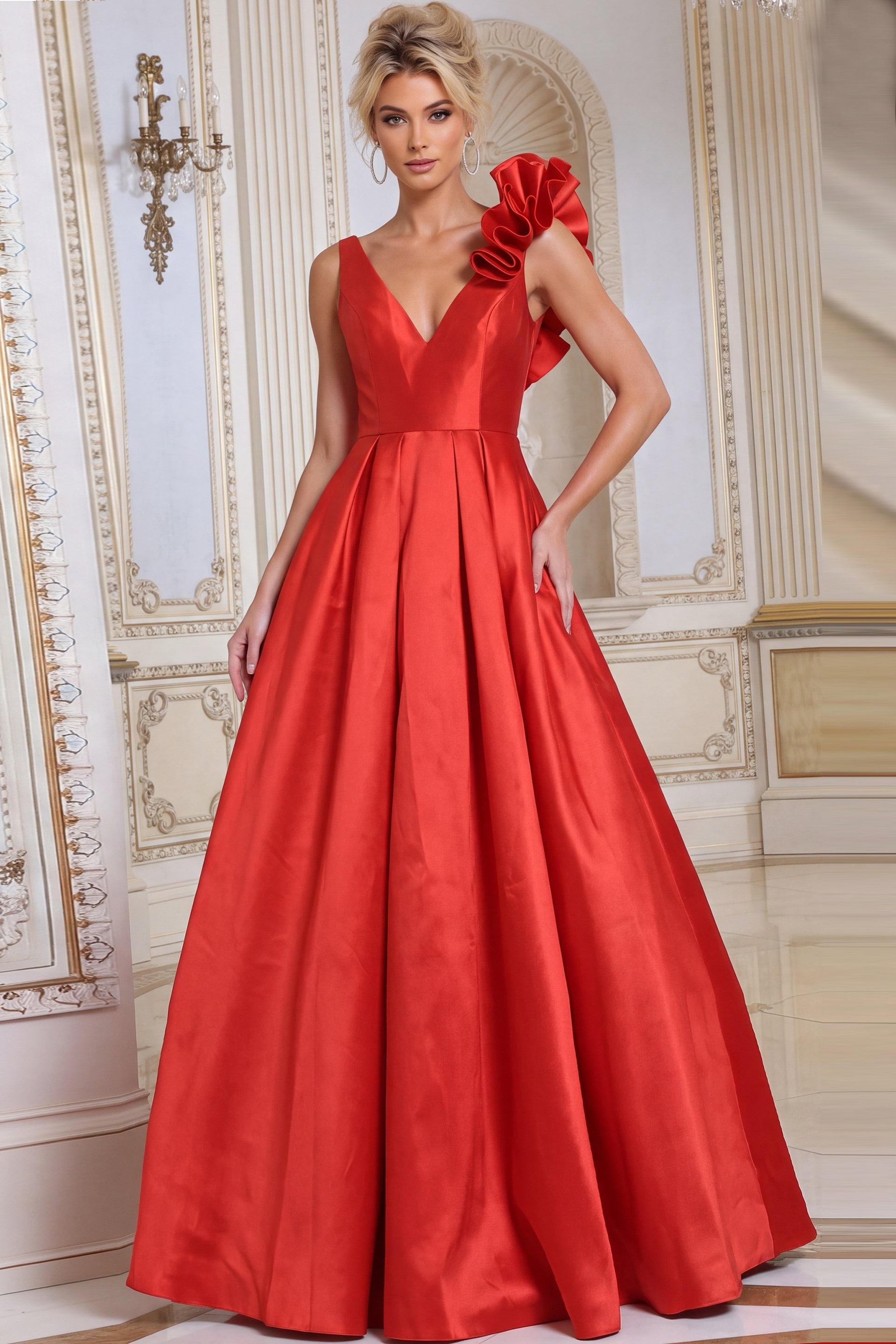 red Jovani 53137 front, one-shoulder ruffle