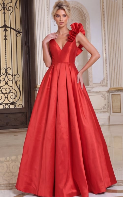 red Jovani 53137 front, ruffled shoulder