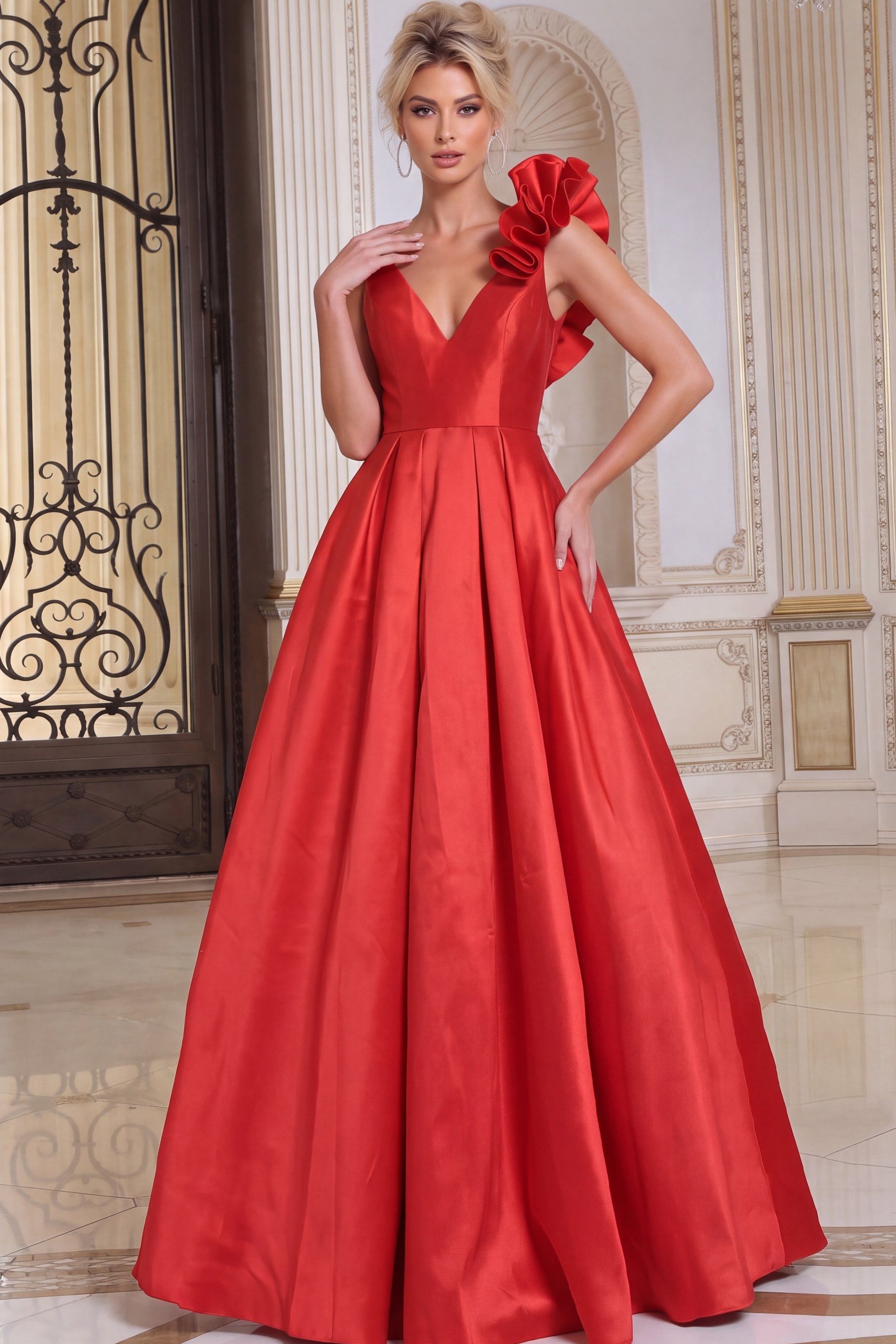 red Jovani 53137 front, ruffled shoulder