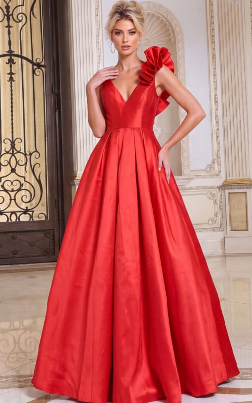 bright red v neck with ruffled shoulder 53137