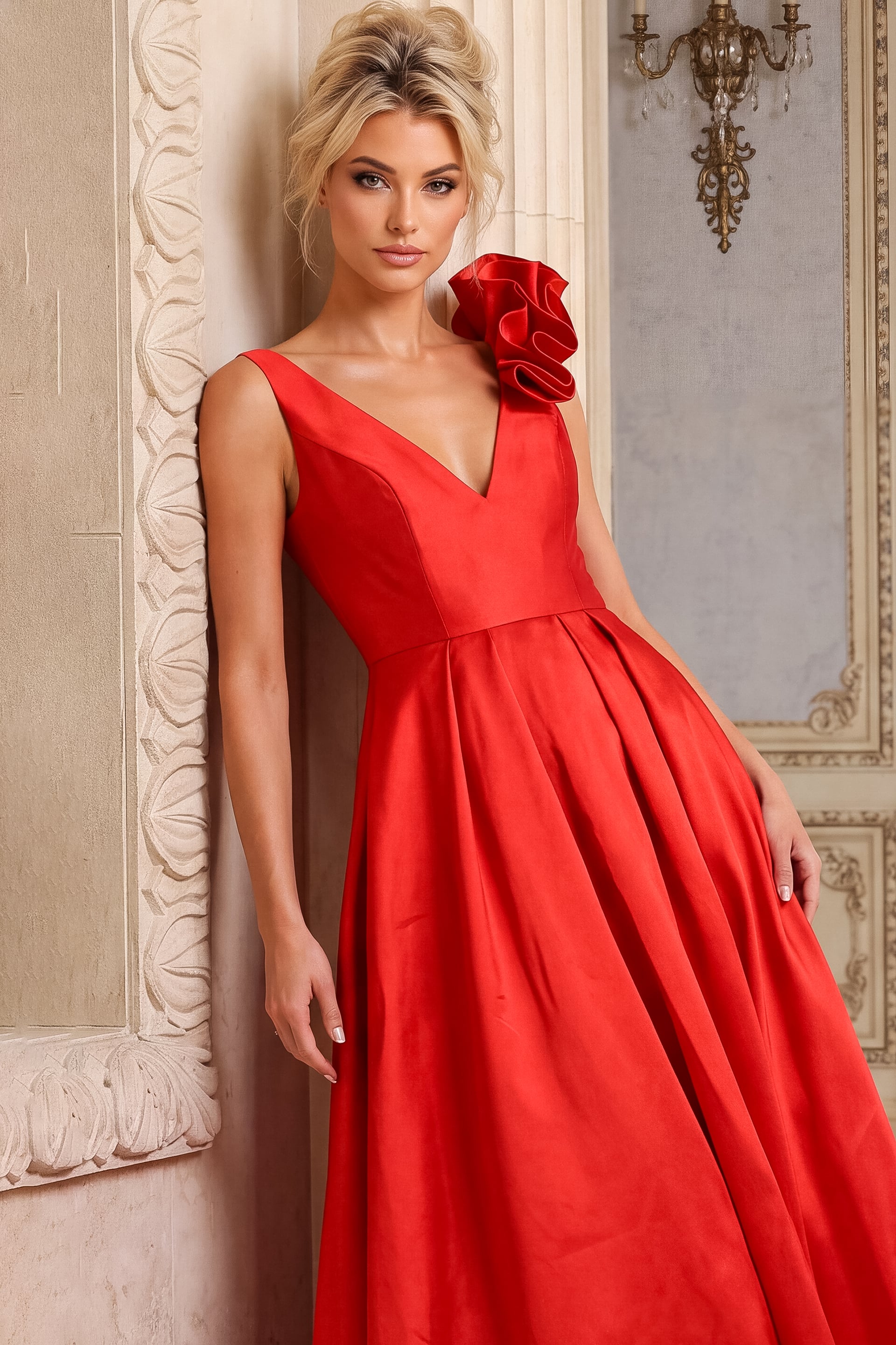 v neckline a line red dress 53137
