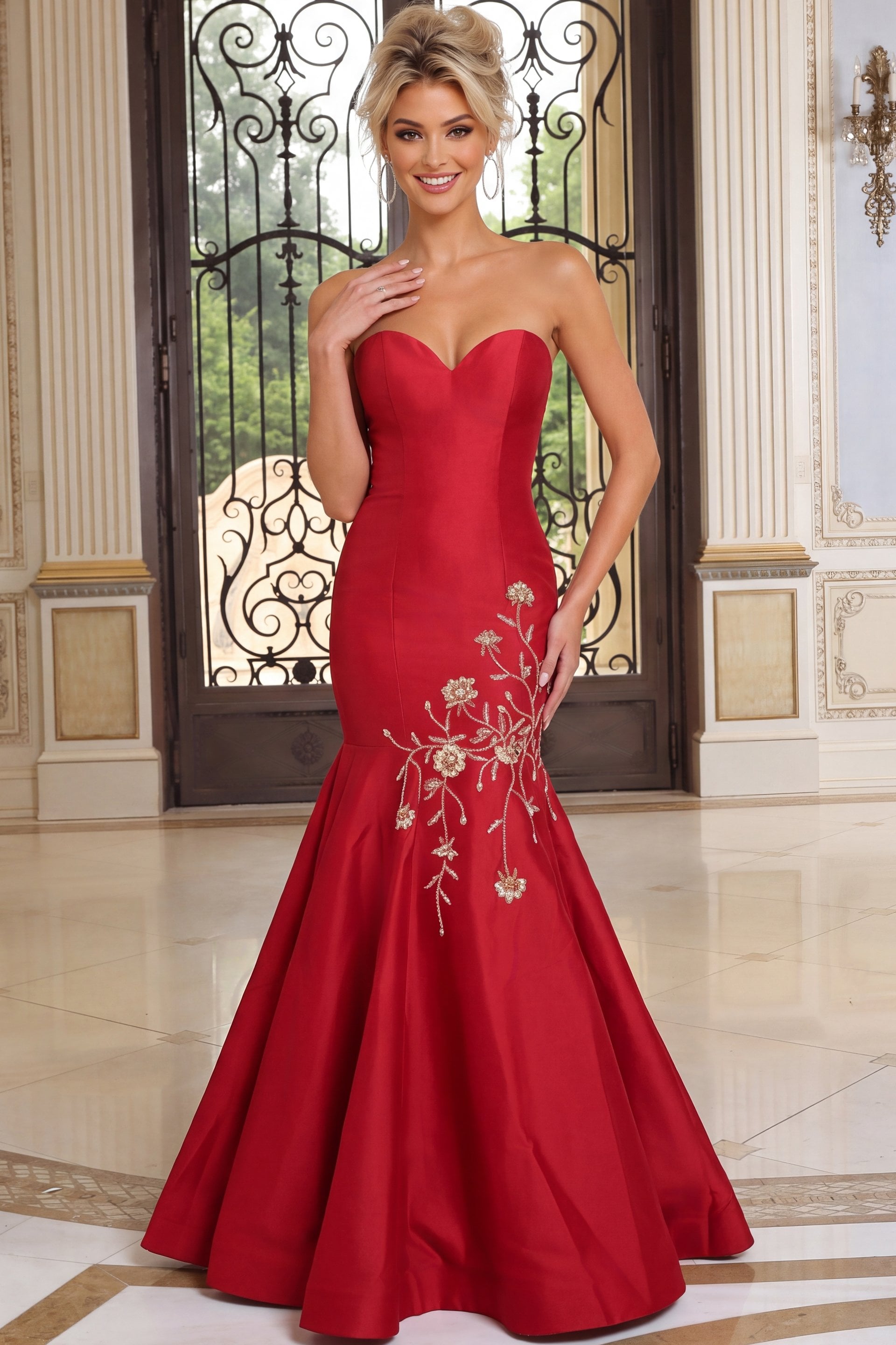 red Jovani 53140 front, floral detail