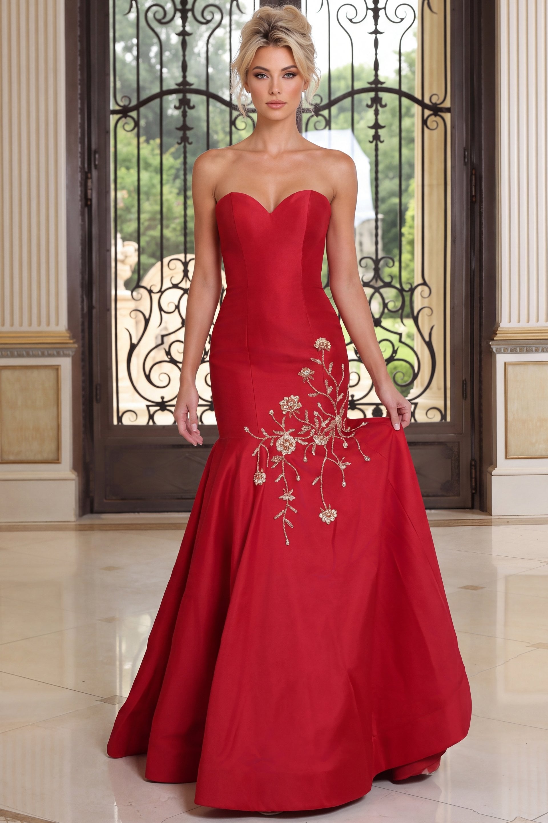 red Jovani 53140 front, embroidered skirt