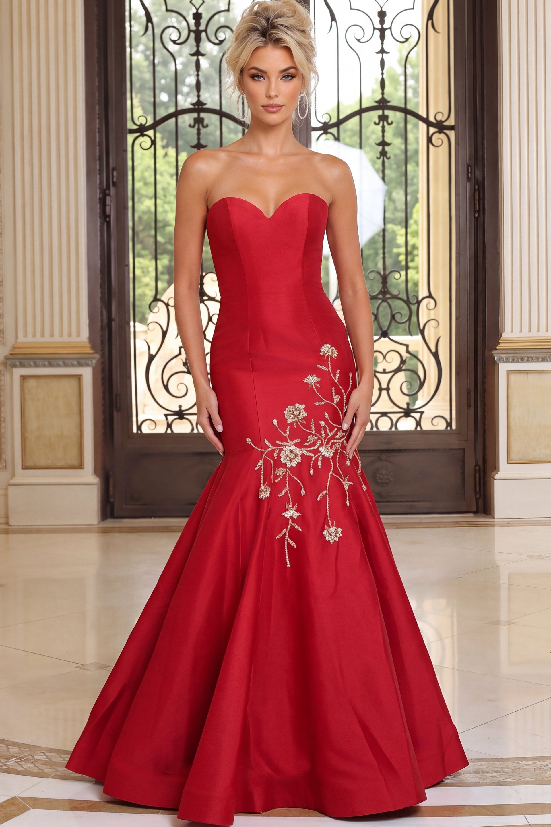 red Jovani 53140 front view, floral detail