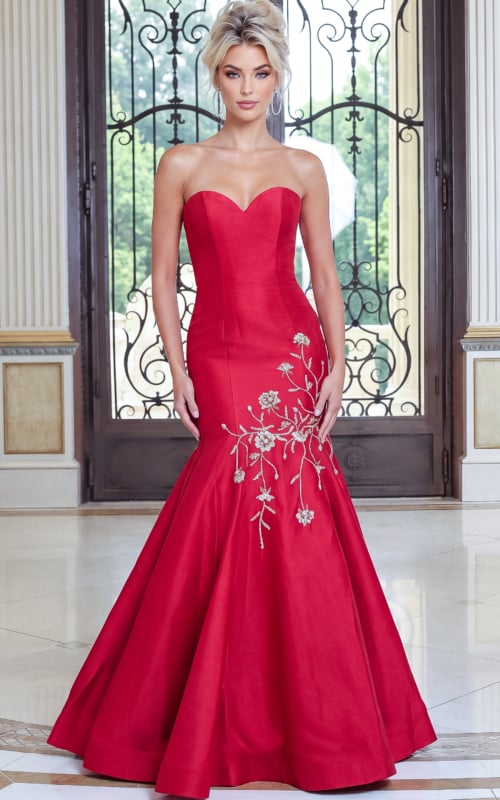 red strapless sweetheart gold embroidery evening gown style 53140