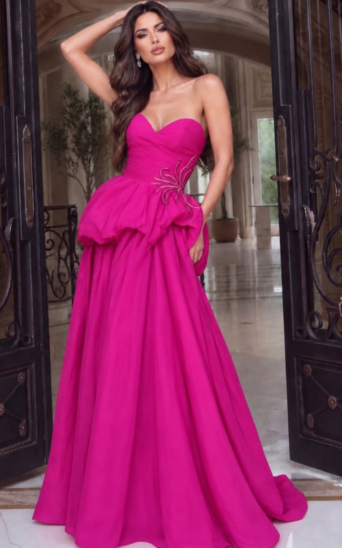 Fuchsia strapless gown with ruched sweetheart bodice, beaded waist motif and bubble peplum overskirt